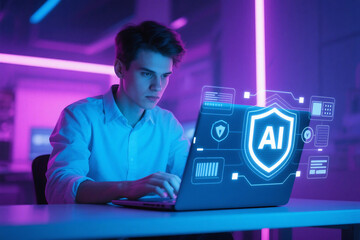 Man working on laptop with ai shield graphic overlay in vibrant neon lighting environment