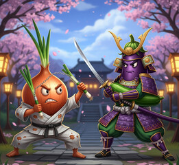 Ninja onion and samurai eggplant generative ai 