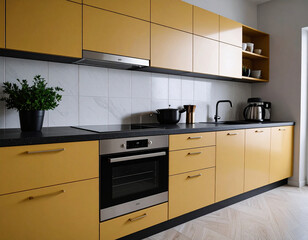 Modern Kitchen Design Bright Yellow Colors Interior Space Contemporary Home Wide Angle Vibrant Aesthetic