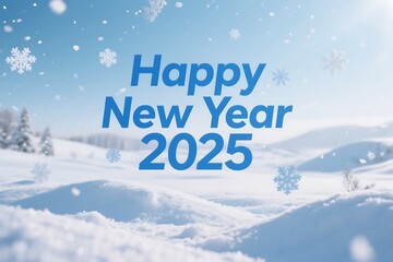 Happy new year 2025 festive winter scene with snowflakes and landscape