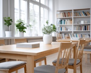 Elegant study room with bright natural light, wooden furniture, and green plants creating a tranquil atmosphere perfect for reading or working