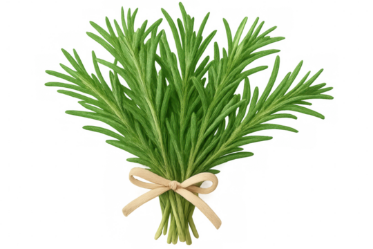 Fresh rosemary sprigs bundled with twine, resting against transparent backdrop, enhancing gourmet cooking preparation