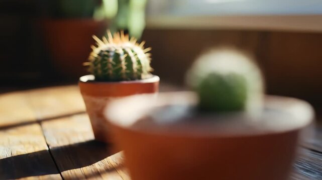 Close-up of a vibrant cactus in a terracotta pot on a sunlit wooden table