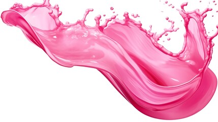 Bubblegum pink polish flowing in a spiral curve outward from bottle center, liquid edges smooth and vivid, isolated with clipping path on white, full frame view .