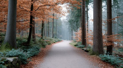 Serene autumn pathway winds through a misty forest surrounded by colorful foliage and tall trees
