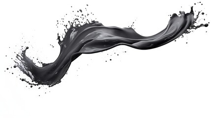 Charcoal grey polish splash frozen as if suspended in zero gravity, sleek arcs rising from tilted bottle on white, fully isolated with clipping path, full frame shot .