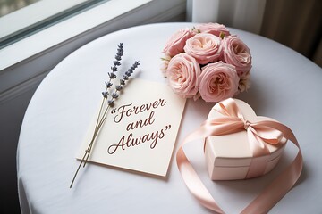 Naklejka premium Romantic setting with roses, heart-shaped gift box and a card with 'Forever and Always'