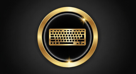 Golden keyboard icon inside an oval frame with a dark gradient background
