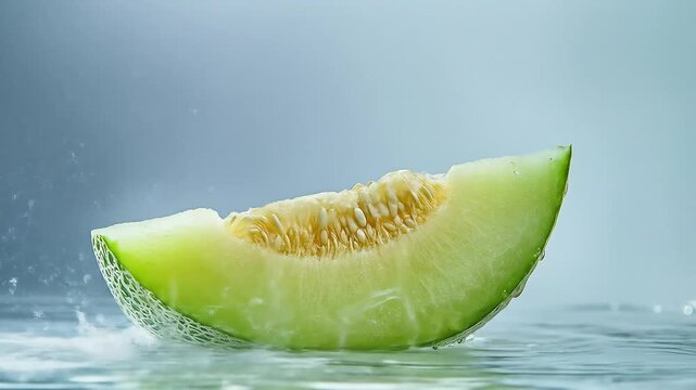 Fresh green melon slice resting on water surface with soft lighting