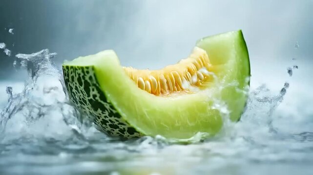 Fresh green melon slice with water droplets splashing in a serene background
