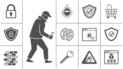 Cybersecurity icons depicting a hacker locks shields and digital threats