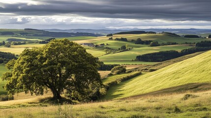 Fototapeta premium Vibrant Green Hills Under Cloudy Sky: A Scenic Landscape View