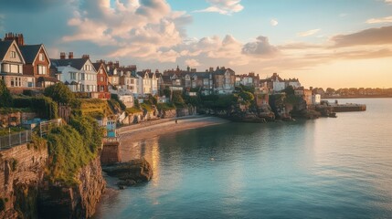Coastal Village at Sunset with Calm Waters and Scenic Homes