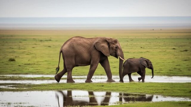 Elephant family walking through grassland with water reflection in Amboseli National Park