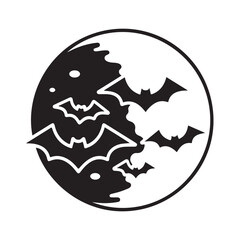 Black and White Halloween Moon with Bats Silhouette