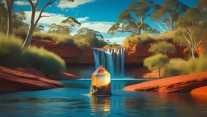 A tranquil waterfall cascades into a calm pool surrounded by rich red rocks and lush greenery. Tall eucalyptus trees frame the scene under a clear blue sky.