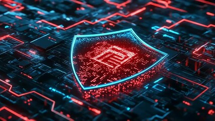 Futuristic digital shield representing cybersecurity on a neon circuit board - Powered by Adobe