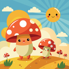 Fototapeta premium A whimsical cartoon illustration of various red and brown mushrooms and other fungi growing in a forest