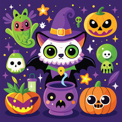 Obraz premium A fun collection of cute cartoon animal faces and monsters makes a seamless pattern, perfect for a Halloween background design