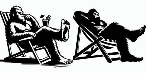 Bigfoot relaxing in beach chair Labor Day. Sasquatch a Large Hairy Humanlike Creature Cartoon Animal Clipart Line Art Vector Illustration. chilling seaside seat holiday weekend break.