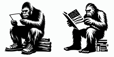 Bigfoot reading letter Veterans Day. Sasquatch a Large Hairy Humanlike Creature Cartoon Animal Clipart Line Art Vector Illustration. hominid viewing communication military holiday.