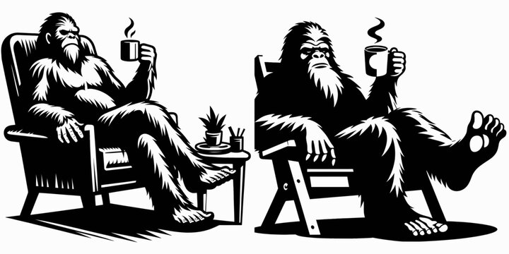Bigfoot relaxing with coffee Cyber Monday. Sasquatch a Large Hairy Humanlike Creature Cartoon Animal Clipart Line Art Vector Illustration. hominid chilling java special shopping day deal.