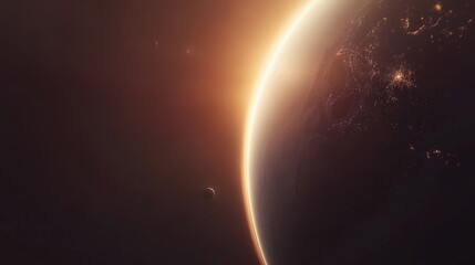 Fototapeta premium Stunning view of a distant planet silhouetted against a sunset glow, with hints of cosmic beauty and distant stars twinkling.