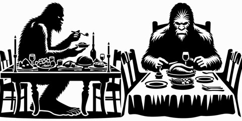 Bigfoot setting dinner table Thanksgiving. Sasquatch a Large Hairy Humanlike Creature Cartoon Animal Clipart Line Art Vector Illustration. arranging feast board autumn holiday meal.