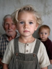 Portrait of Three Young Children with Elderly Man in Background, Close-Up of the Boy in Focus