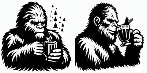 Bigfoot sipping eggnog Christmas Eve. Sasquatch a Large Hairy Humanlike Creature Cartoon Animal Clipart Line Art Vector Illustration. Elusive enjoys holiday drink on winter night.