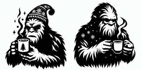 Bigfoot sipping hot cocoa Christmas. Sasquatch a Large Hairy Humanlike Creature Cartoon Animal Clipart Line Art Vector Illustration. hominid enjoys warm chocolate holiday drink winter.