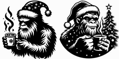 Bigfoot sipping hot cocoa Christmas. Sasquatch a Large Hairy Humanlike Creature Cartoon Animal Clipart Line Art Vector Illustration. enjoying warm chocolate holiday beverage.