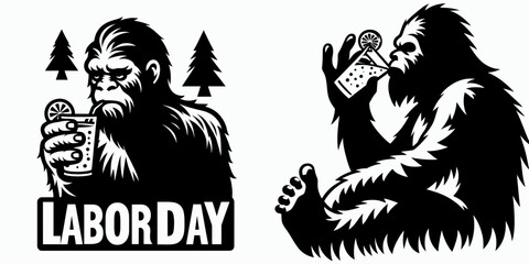 Bigfoot sipping lemonade Labor Day. Sasquatch a Large Hairy Humanlike Creature Cartoon Animal Clipart Line Art Vector Illustration. Giant enjoying cool beverage holiday weekend picture.