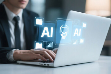Businessman typing on laptop with ai icons overlayed showing artificial intelligence technology concept