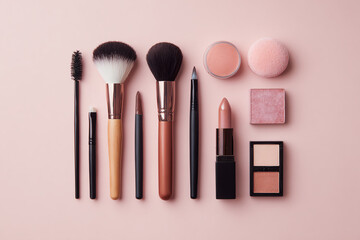 Assorted makeup brushes and cosmetics arranged on a pink surface.