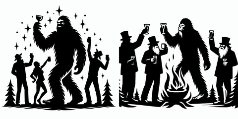 Bigfoot toasting with friends New Years Eve. Sasquatch a Large Hairy Humanlike Creature Cartoon Animal Clipart Line Art Vector Illustration. drinking buddy at holiday celebration party.