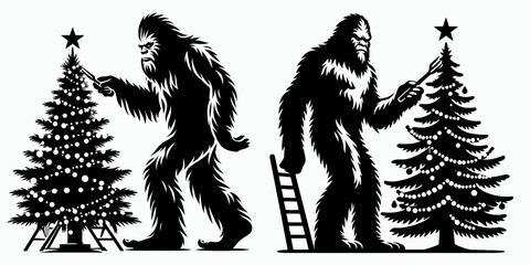 Bigfoot trimming Christmas tree Eve. Sasquatch a Large Hairy Humanlike Creature Cartoon Animal Clipart Line Art Vector Illustration. Elusive wildman decorating fir holiday during yule.