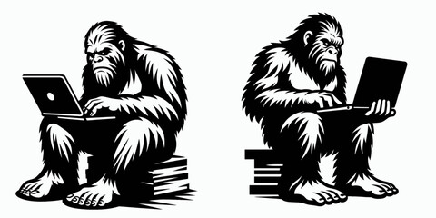 Bigfoot using laptop Cyber Monday. Sasquatch a Large Hairy Humanlike Creature Cartoon Animal Clipart Line Art Vector Illustration. Mythical computing device web deal holiday promotion.