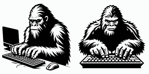 Bigfoot typing on keyboard Cyber Monday. Sasquatch a Large Hairy Humanlike Creature Cartoon Animal Clipart Line Art Vector Illustration. using computer entering data for discount shopping.