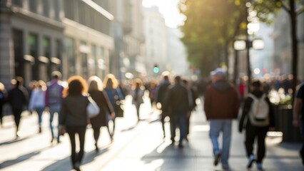 Blurry crowd moving through sunlit city street — everyday urban hustle and flow
