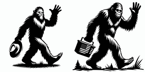 Bigfoot waving goodbye to summer Labor Day. Sasquatch a Large Hairy Humanlike Creature Cartoon Animal Clipart Line Art Vector Illustration. figure sayonara warm season holiday weekend.