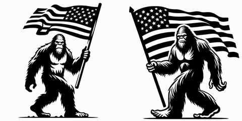 Bigfoot waving American flag Fourth of July. Sasquatch a Large Hairy Humanlike Creature Cartoon Animal Clipart Line Art Vector Illustration. holding usa banner during independence day.