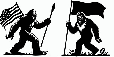 Bigfoot waving team flag Fall Tailgating. Sasquatch a Large Hairy Humanlike Creature Cartoon Animal Clipart Line Art Vector Illustration. hoisting pennant autumn pregame event gathering.