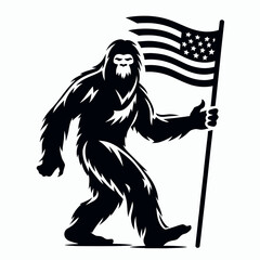 Bigfoot waving team flag Fall Tailgating. Sasquatch a Large Hairy Humanlike Creature Cartoon Animal Clipart Line Art Vector Illustration. hoisting pennant autumn parking lot celebration.