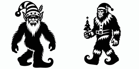 Bigfoot wearing elf costume Christmas Eve. Sasquatch a Large Hairy Humanlike Creature Cartoon Animal Clipart Line Art Vector Illustration. hominid in festive pixie garment at yuletide.