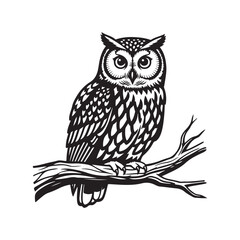 Black and white owl illustration perched on a tree branch