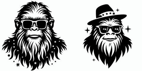 Bigfoot wearing festive glasses New Years Eve. Sasquatch a Large Hairy Humanlike Creature Cartoon Animal Clipart Line Art Vector Illustration. dons party eyewear holiday eve celebration.