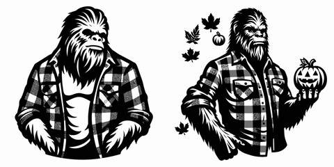 Bigfoot wearing flannel shirt Autumn Festival. Sasquatch a Large Hairy Humanlike Creature Cartoon Animal Clipart Line Art Vector Illustration. Cryptid in plaid garment fall celebration.