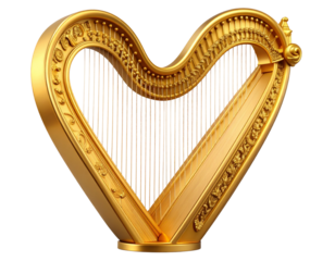 Ornate Golden Harp with Heart Frame – Elegant Transparent PNG