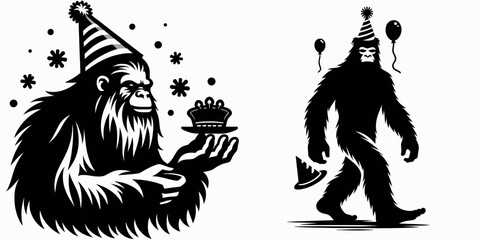 Bigfoot wearing party hat New Years Eve. Sasquatch a Large Hairy Humanlike Creature Cartoon Animal Clipart Line Art Vector Illustration. festive headgear winter holiday celebration cryptid.